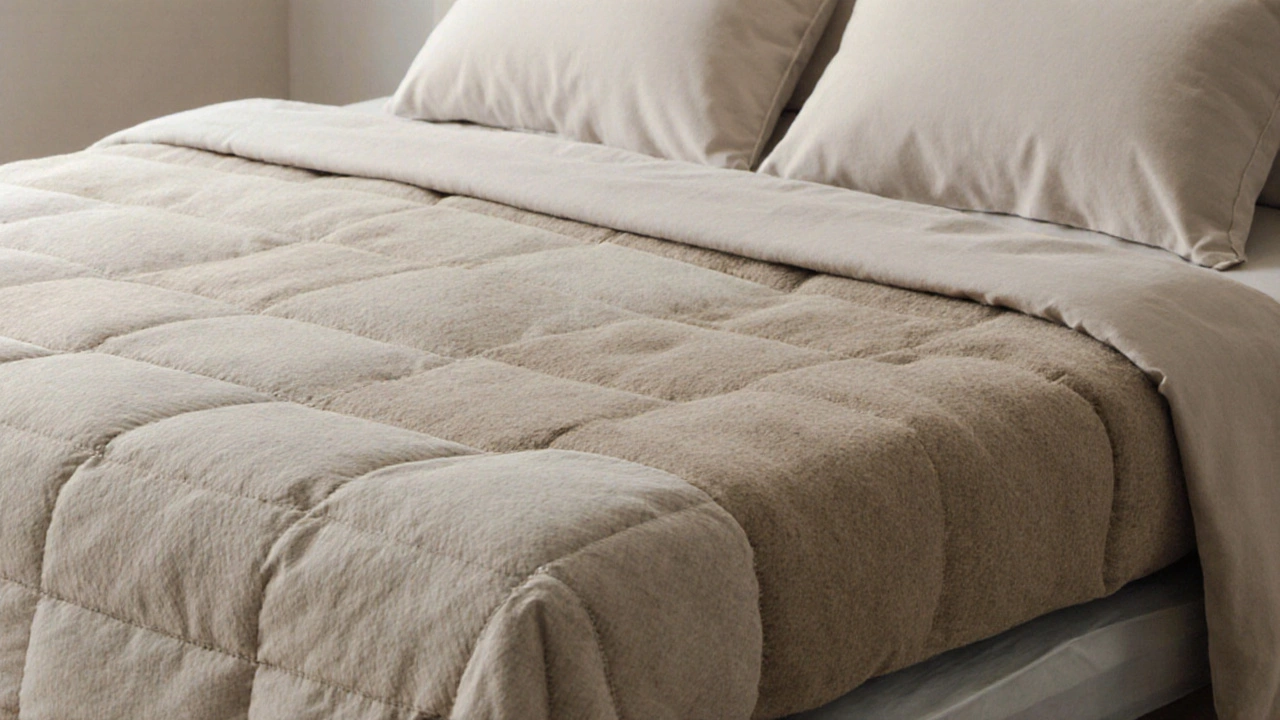 Close-up of bedding layers showing fitted sheet, flat sheet, duvet, and mattress protector.