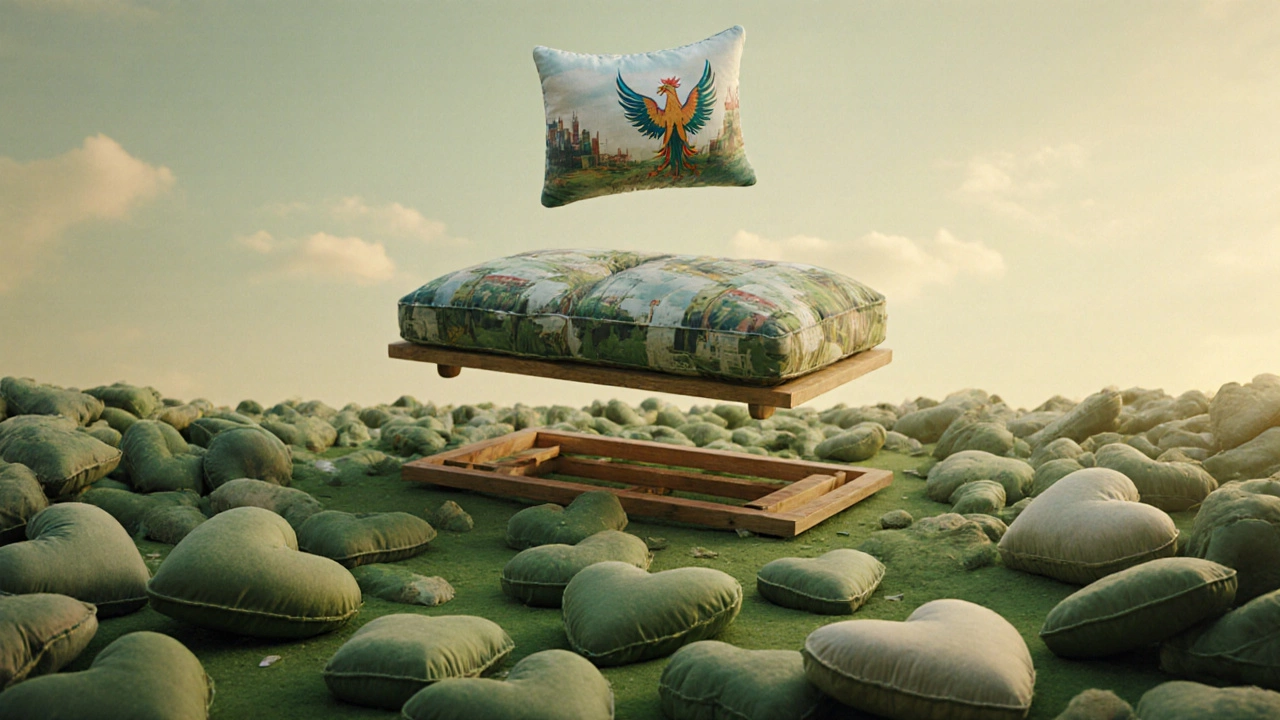 Floating sofa frame in landfill with discarded cushions, one new cushion rising like a phoenix.