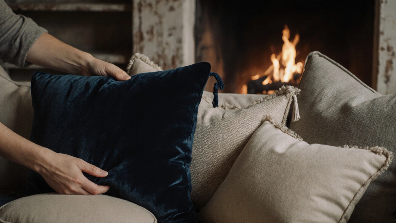 Hands arranging mismatched cushions on a sofa, with a cozy cottage interior blurred in the background.