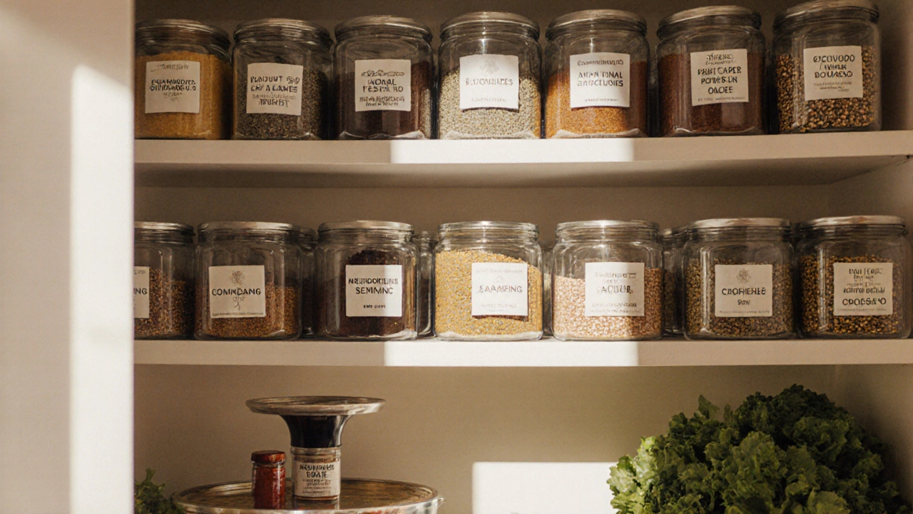 Organized pantry with clear labeled containers and neatly stacked goods.