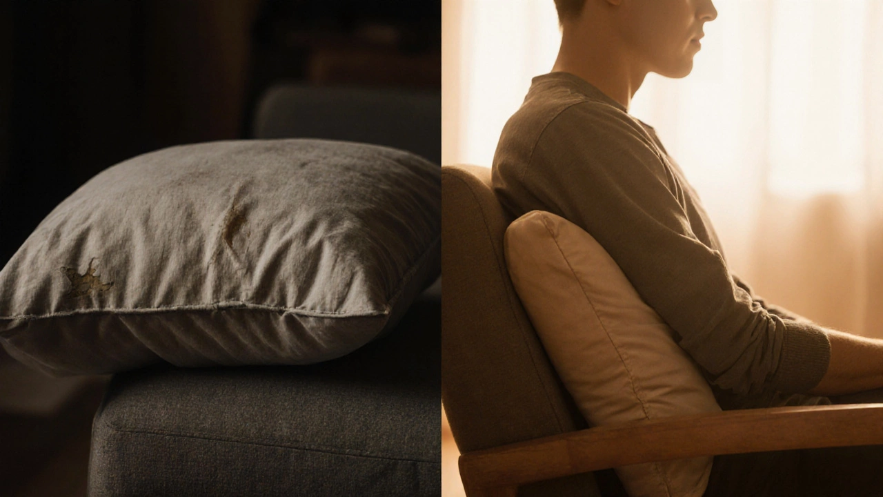 Side-by-side comparison of sinking old cushion versus firm new cushion on same sofa.