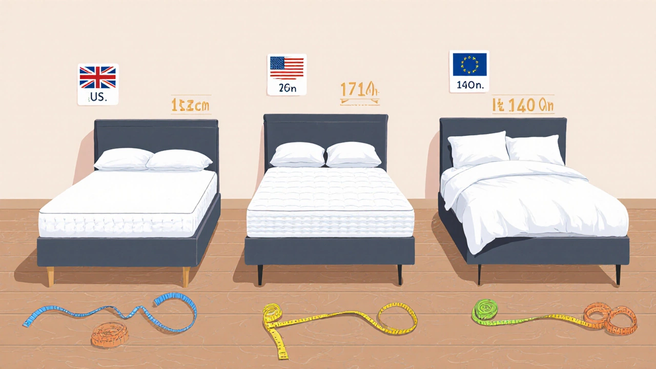 Three mattresses side by side showing UK, US, and European bed sizes with tape measures.