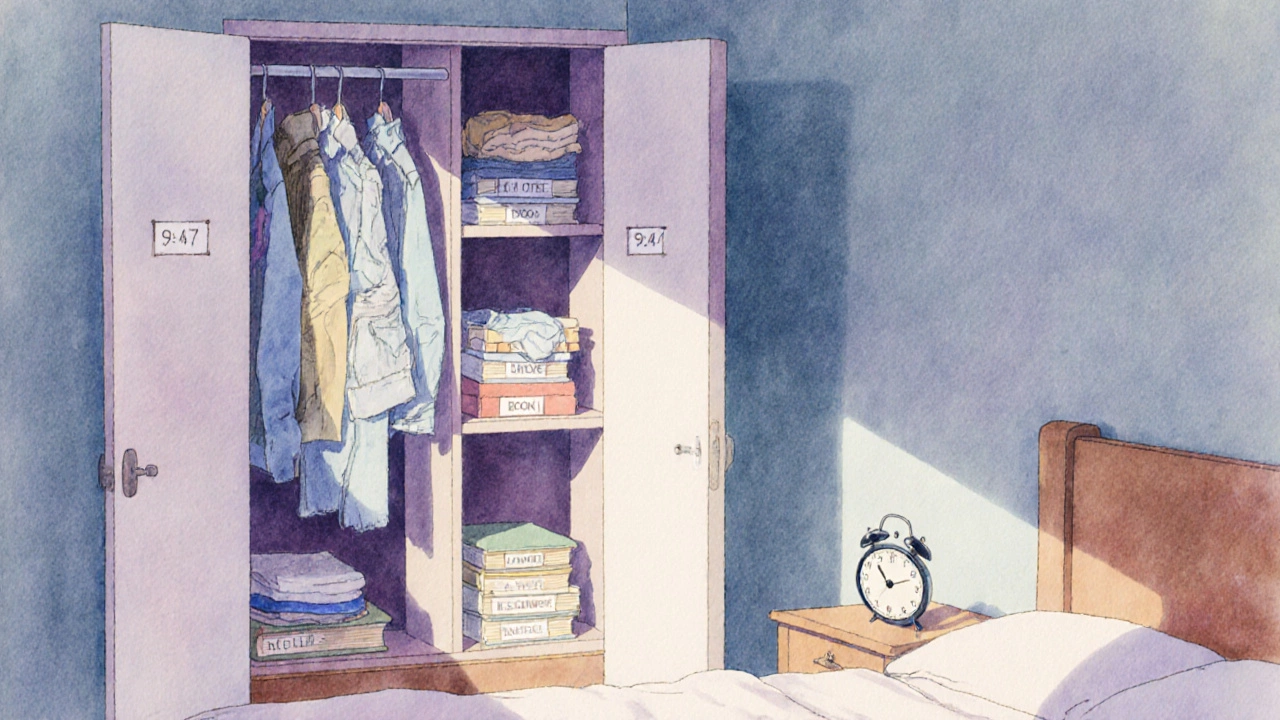 Watercolor bedroom scene with closet showing clothes, books, and socks organized into three categories.