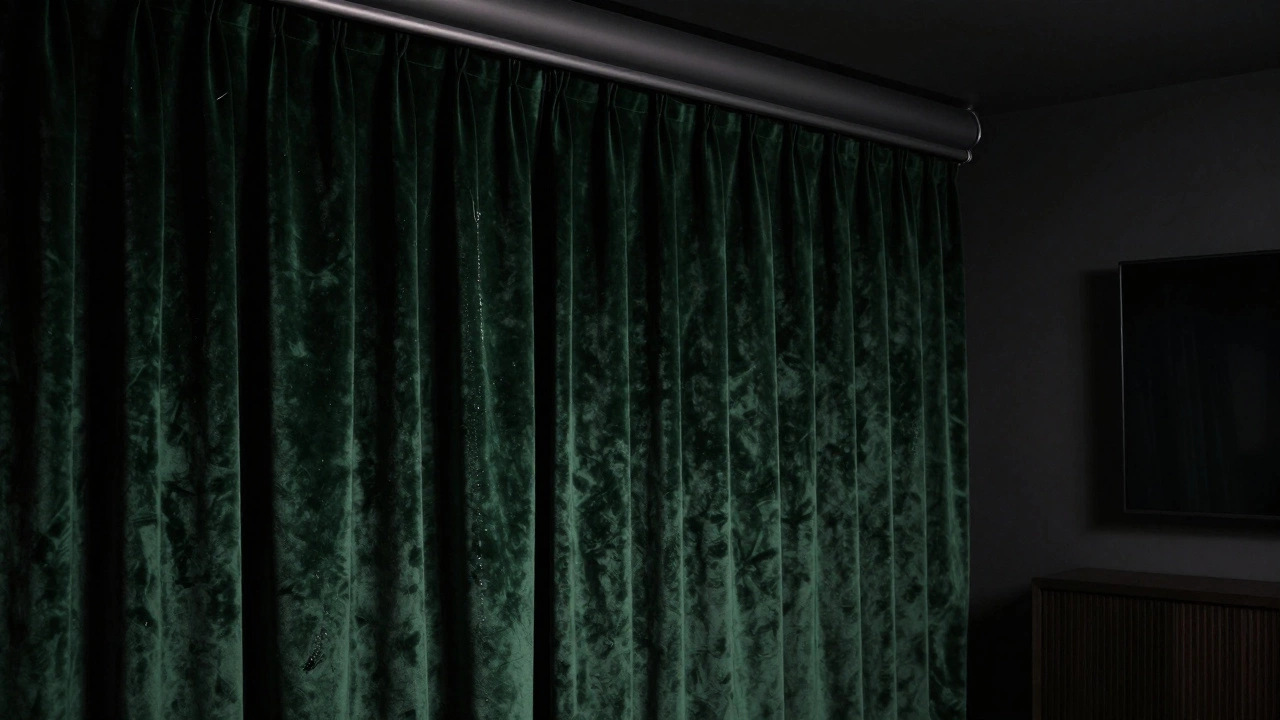 A deep green velvet blackout curtain in a dim media room, fully drawn for privacy.