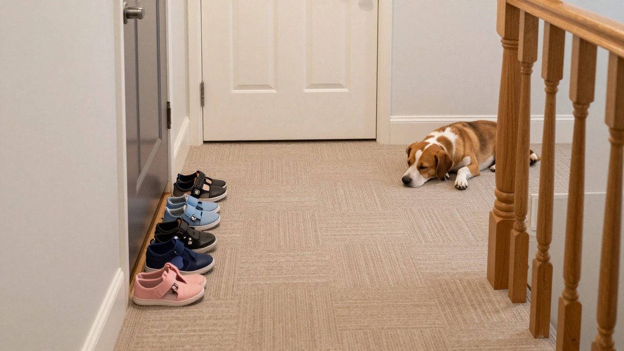 A family hallway with patterned beige carpet, children’s shoes, and a sleeping dog.