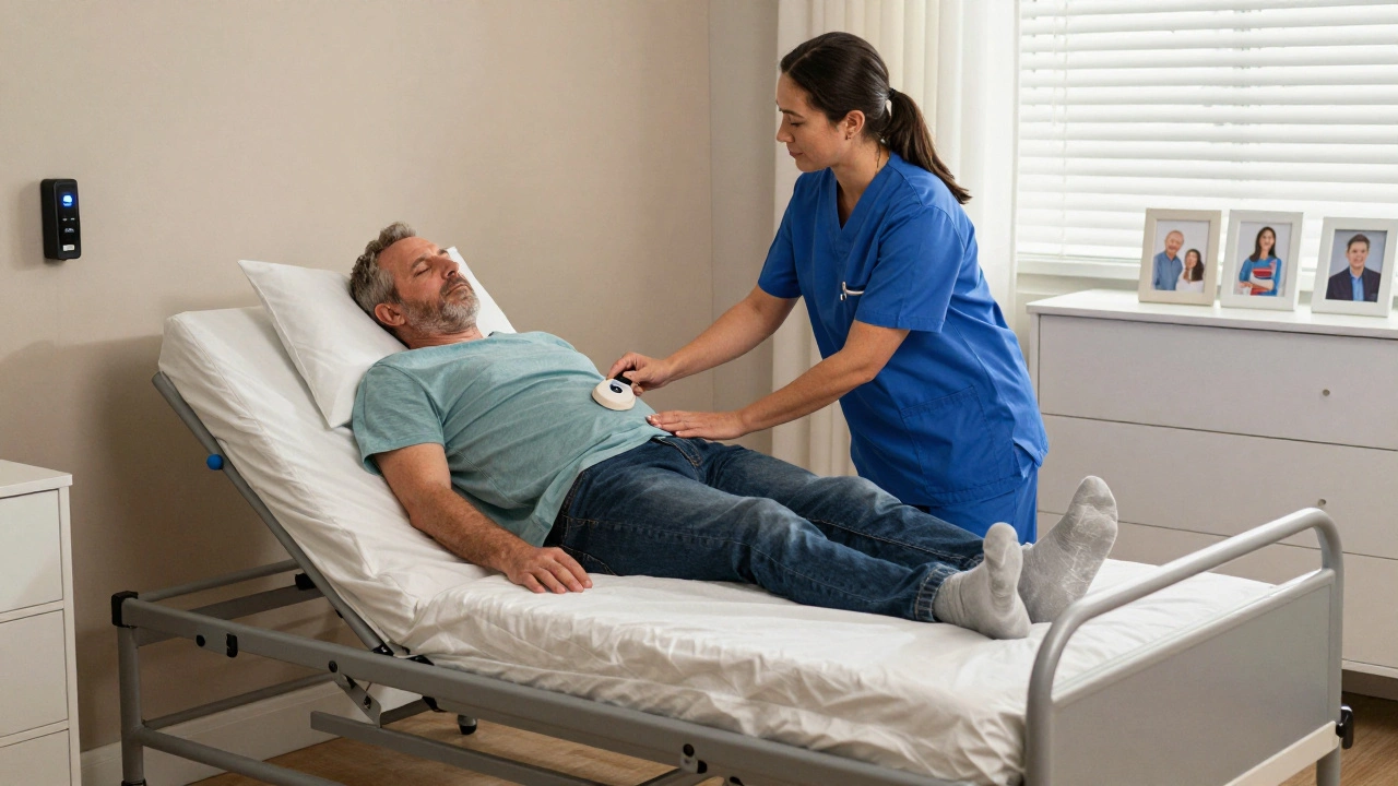 A healthcare professional showing a patient how to use an adjustable bed control panel in a home setting.