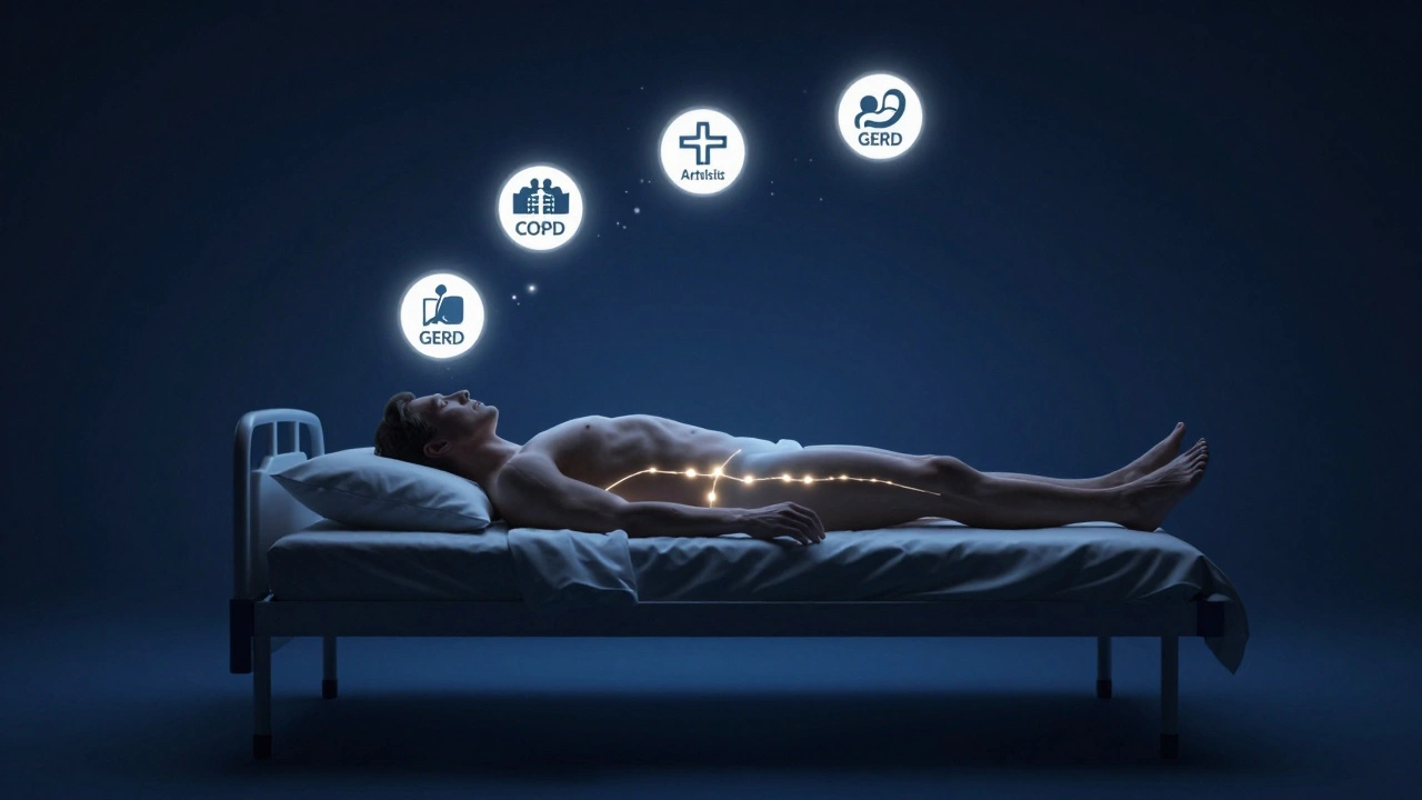 A silhouette in zero-gravity position above a bed, with medical condition icons dissolving into light.