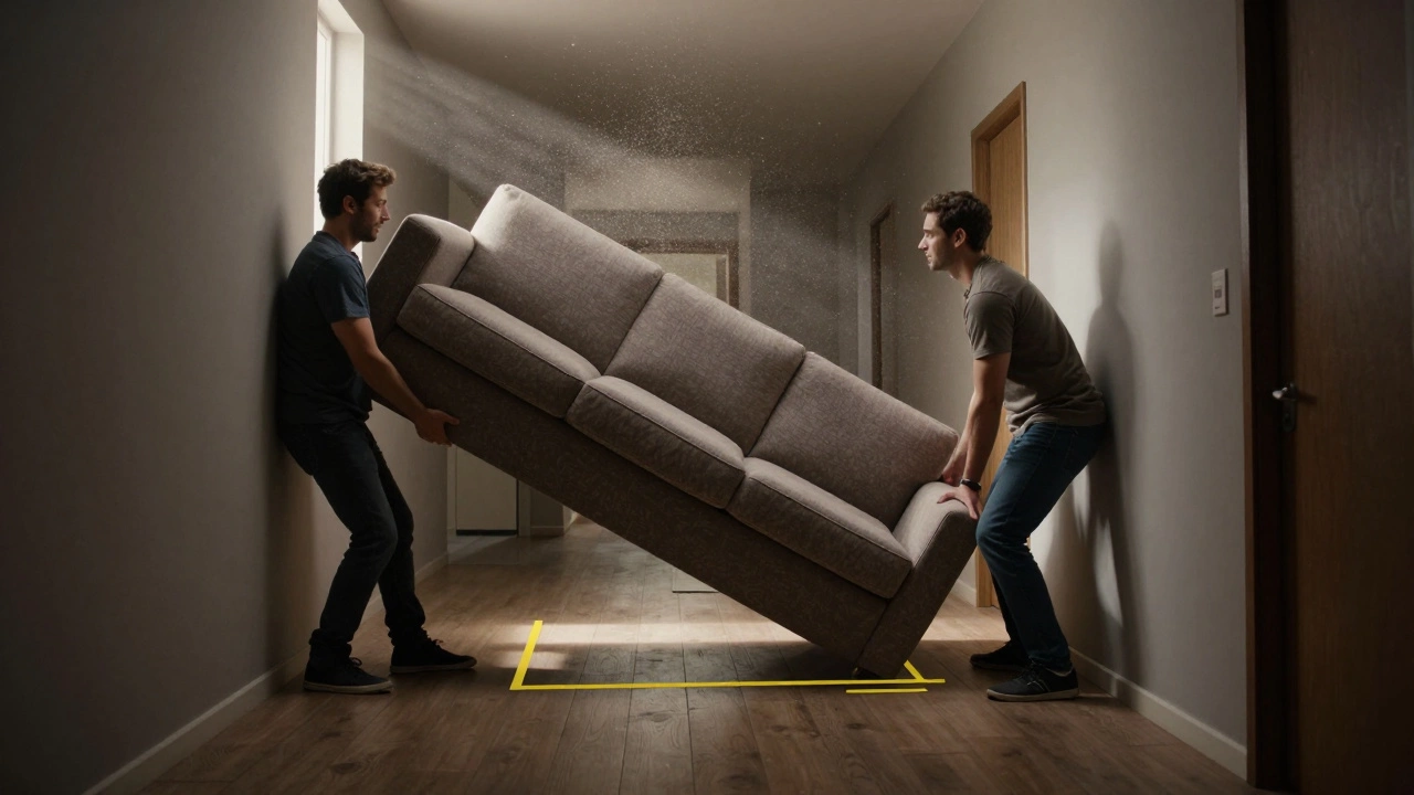 A sofa being moved through a narrow hallway with movers tilting it at an angle.