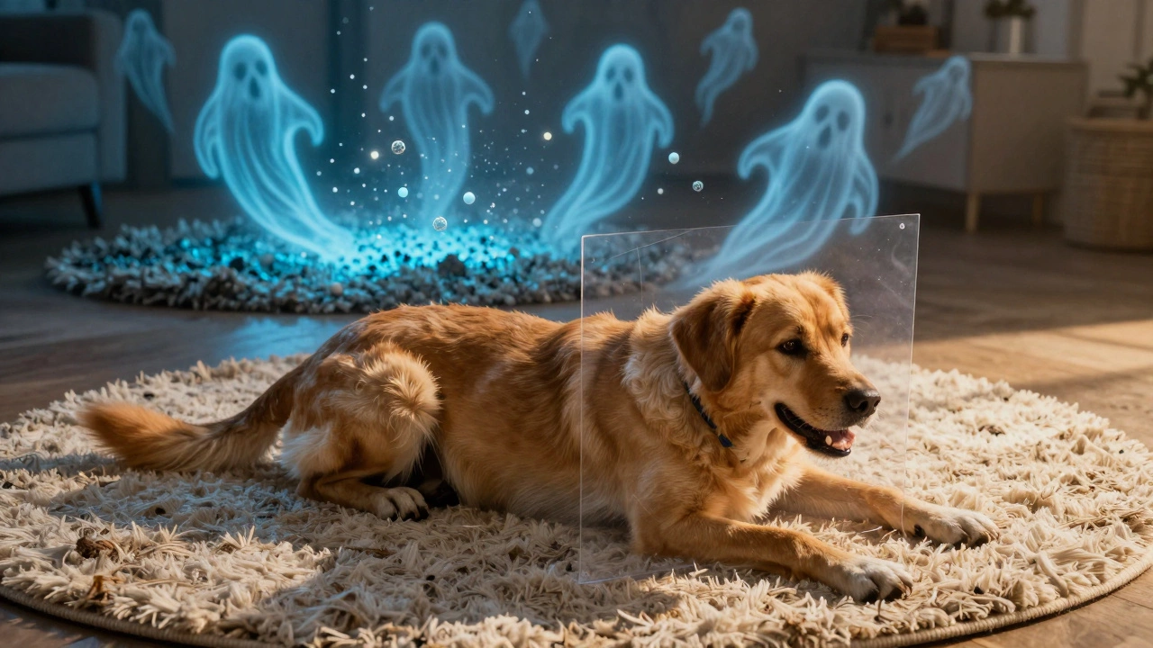 Dog resting on safe organic rug while toxic particles hover invisibly above a synthetic rug.
