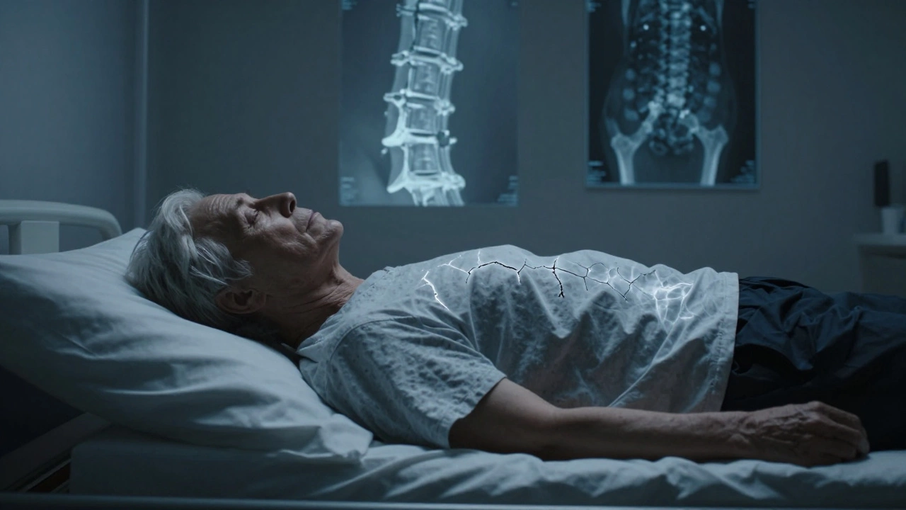 Fragile elderly person on partially raised bed with bone fracture overlay