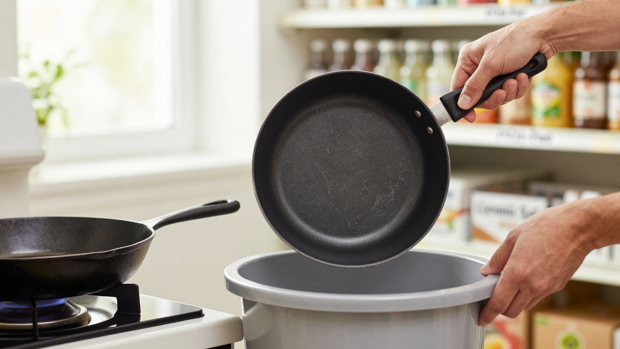 Hand replacing a scratched non-stick pan with a cast iron skillet in a kitchen setting.