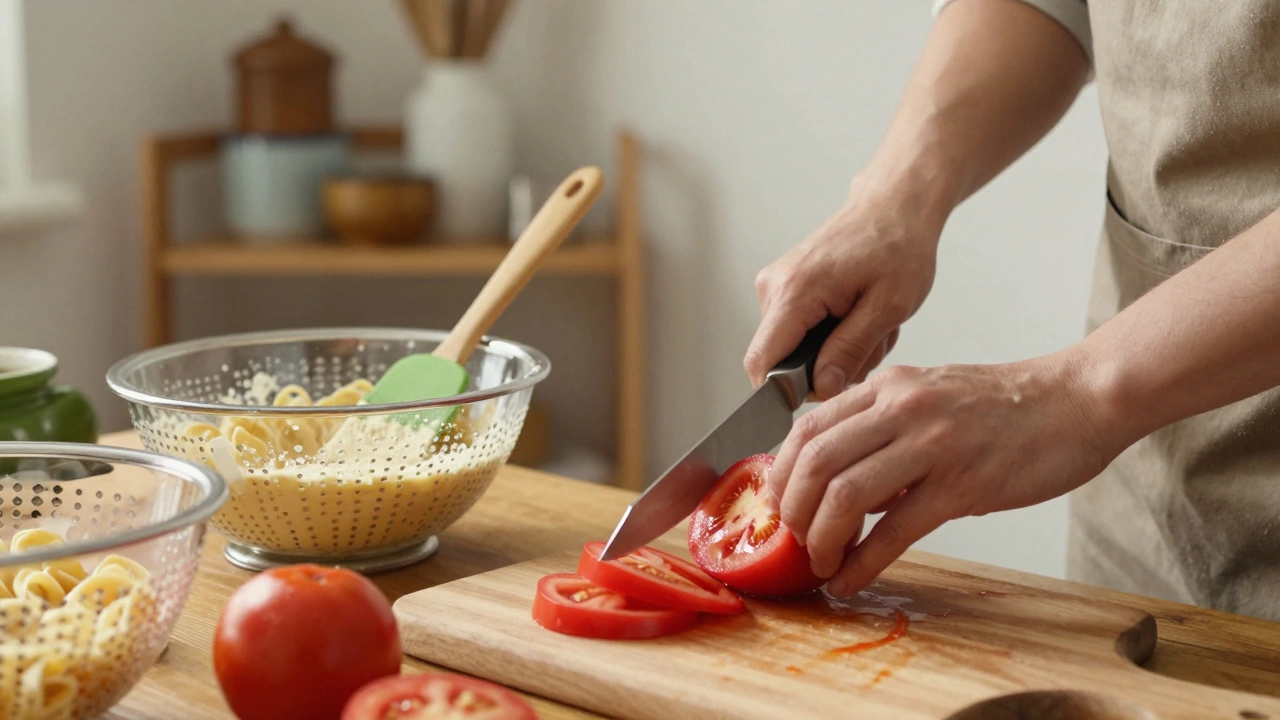 Hand slicing tomatoes with a chef&#039;s knife on a wooden board, spatula and colander nearby in a cozy kitchen.