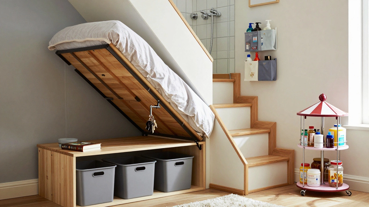 Hidden storage solutions in a small home: lift-up bench, hollow book, staircase drawers, and over-door organizers.