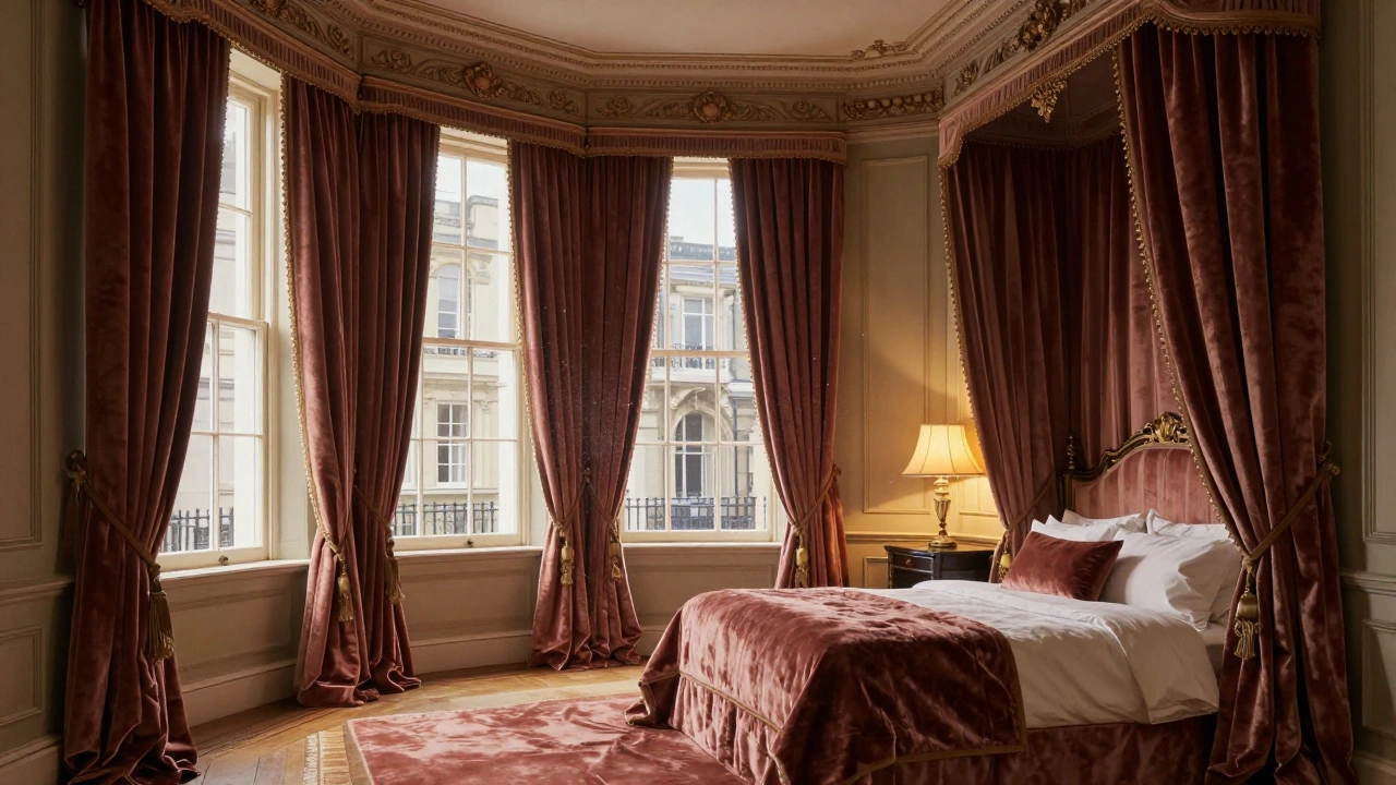 Luxurious velvet curtains pooling softly on the floor in a Victorian bedroom.