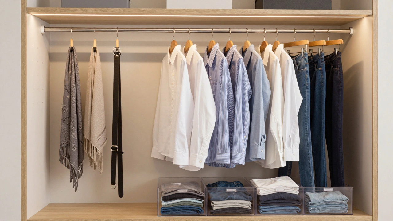 Organized closet with double hanging rods and vertically folded clothes in drawers.