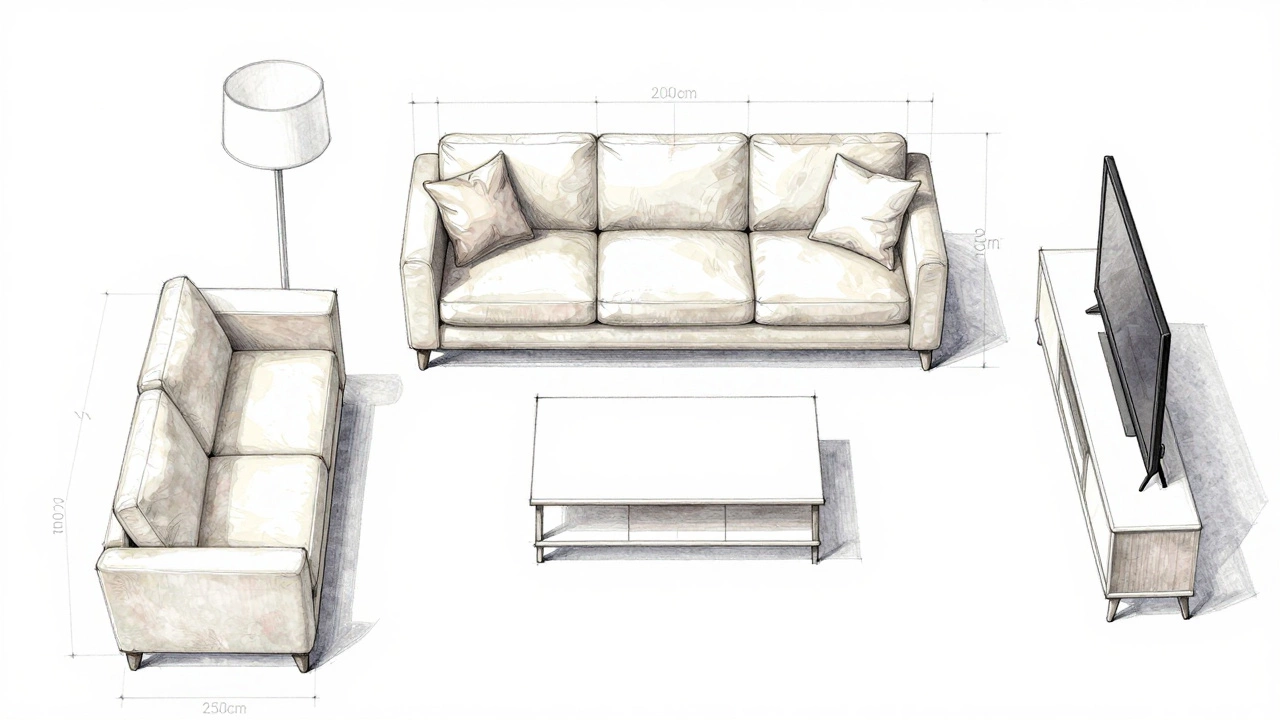 Overhead layout showing a 3-seater sofa fitting perfectly in a small British living room.