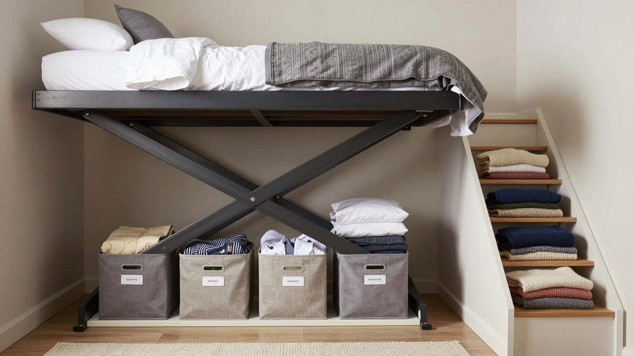 Raised bed revealing organized storage bins, with staircase drawers visible beside it.