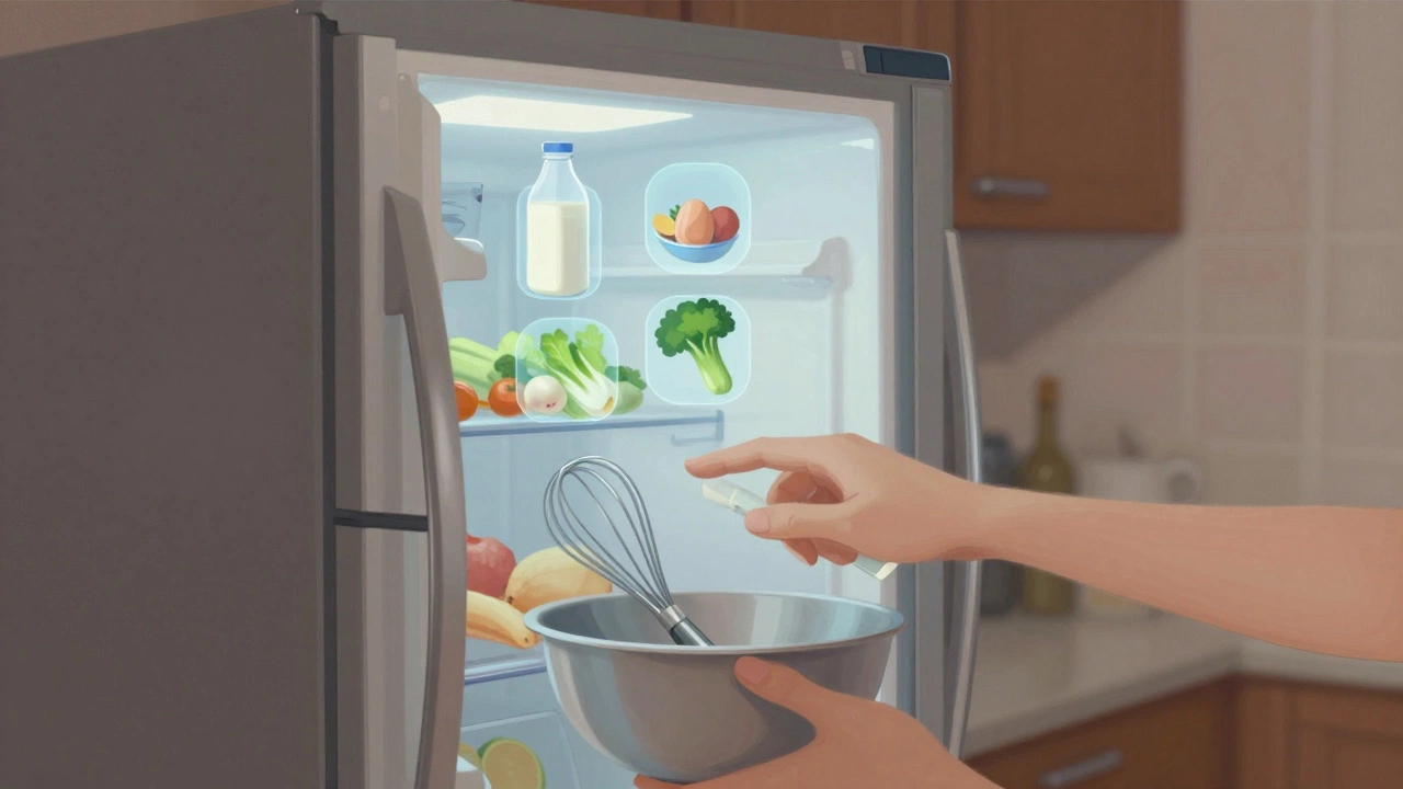 Refrigerator as a preservation guardian with floating food icons above it in a kitchen.