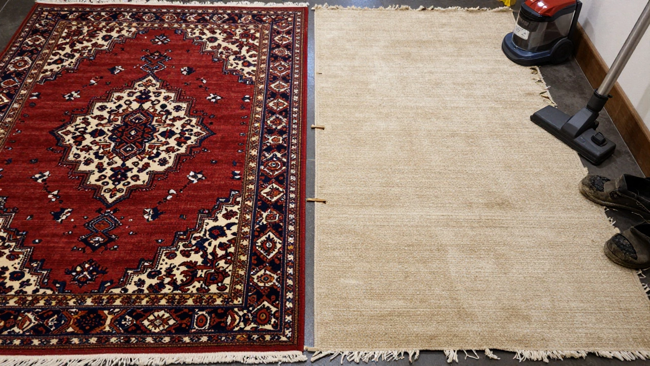 Side-by-side comparison of a durable hand-knotted wool rug and a failing machine-made synthetic rug in a high-traffic area.