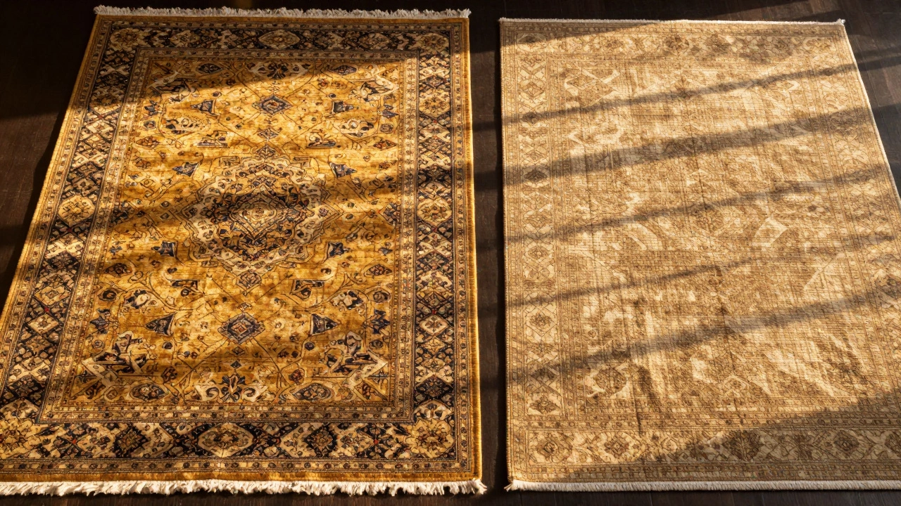 Side-by-side comparison of a hand-knotted luxury rug versus a machine-made rug, showing texture and backing differences.