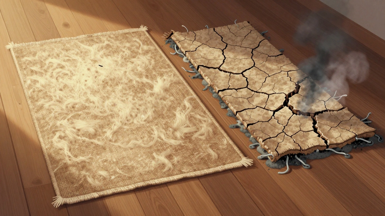 Side-by-side comparison of a healthy wool rug and a decaying synthetic-backed rug on wooden floor.