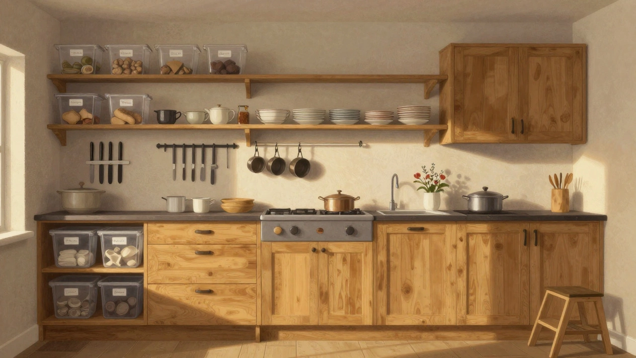 Small kitchen with wall-mounted shelves, hanging pots, and labeled bins under warm lighting.