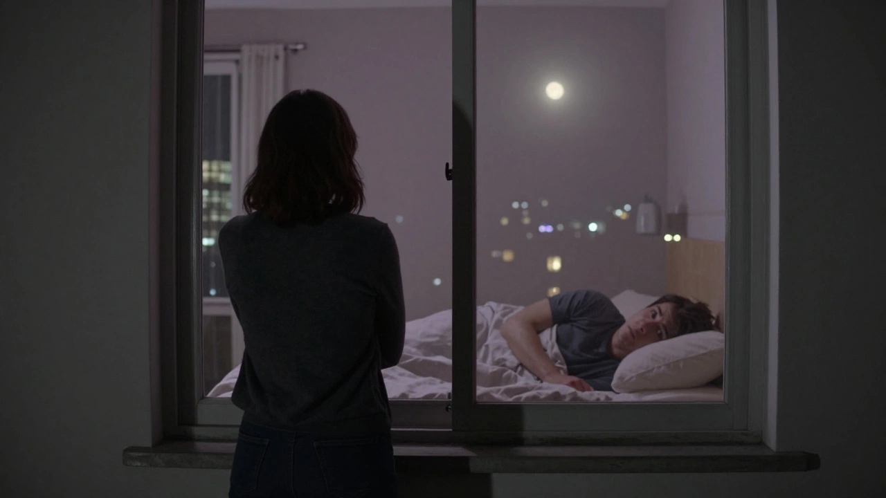 Someone peering into a bedroom through an uncurtained window at night, revealing a silhouette in bed.