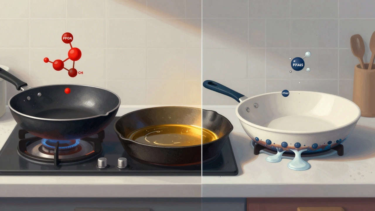 Split illustration comparing old Teflon, modern ceramic, and cast iron cookware with chemical symbols.