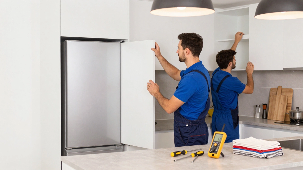 Technician inspecting a built-in fridge beside kitchenware during a renovation.