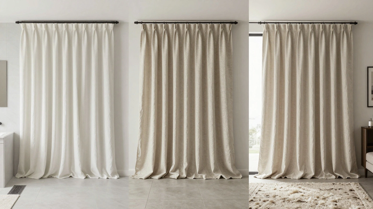 Three curtain lengths compared above different floor types: sill, floor, and rug.