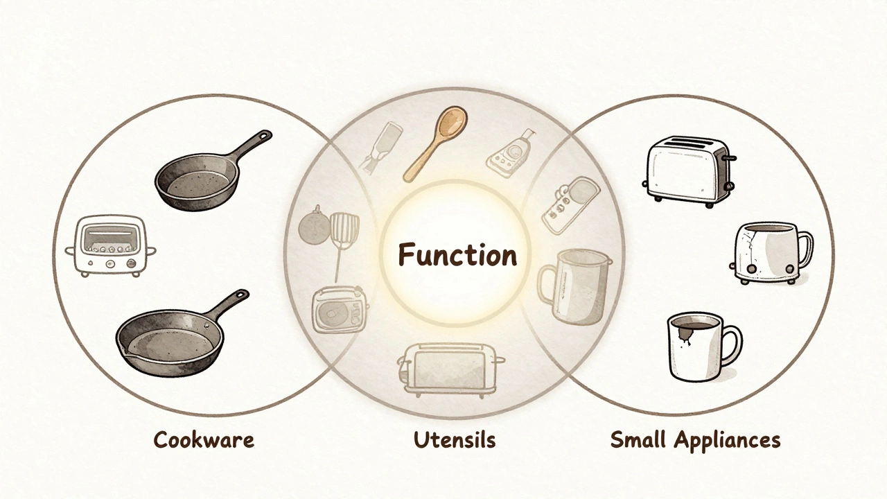 Three overlapping circles showing cookware, utensils, and appliances merging into a core labeled &#039;Function.&#039;