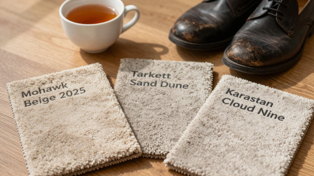 Three premium beige carpet samples beside a teacup and leather shoes on wooden floor.