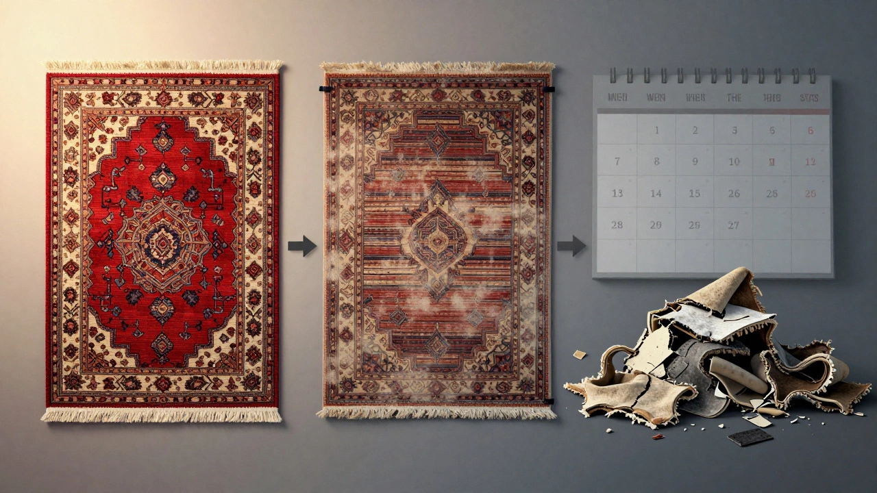 Timeline illustration showing a long-lasting wool rug aging gracefully versus a discarded synthetic rug in a landfill.