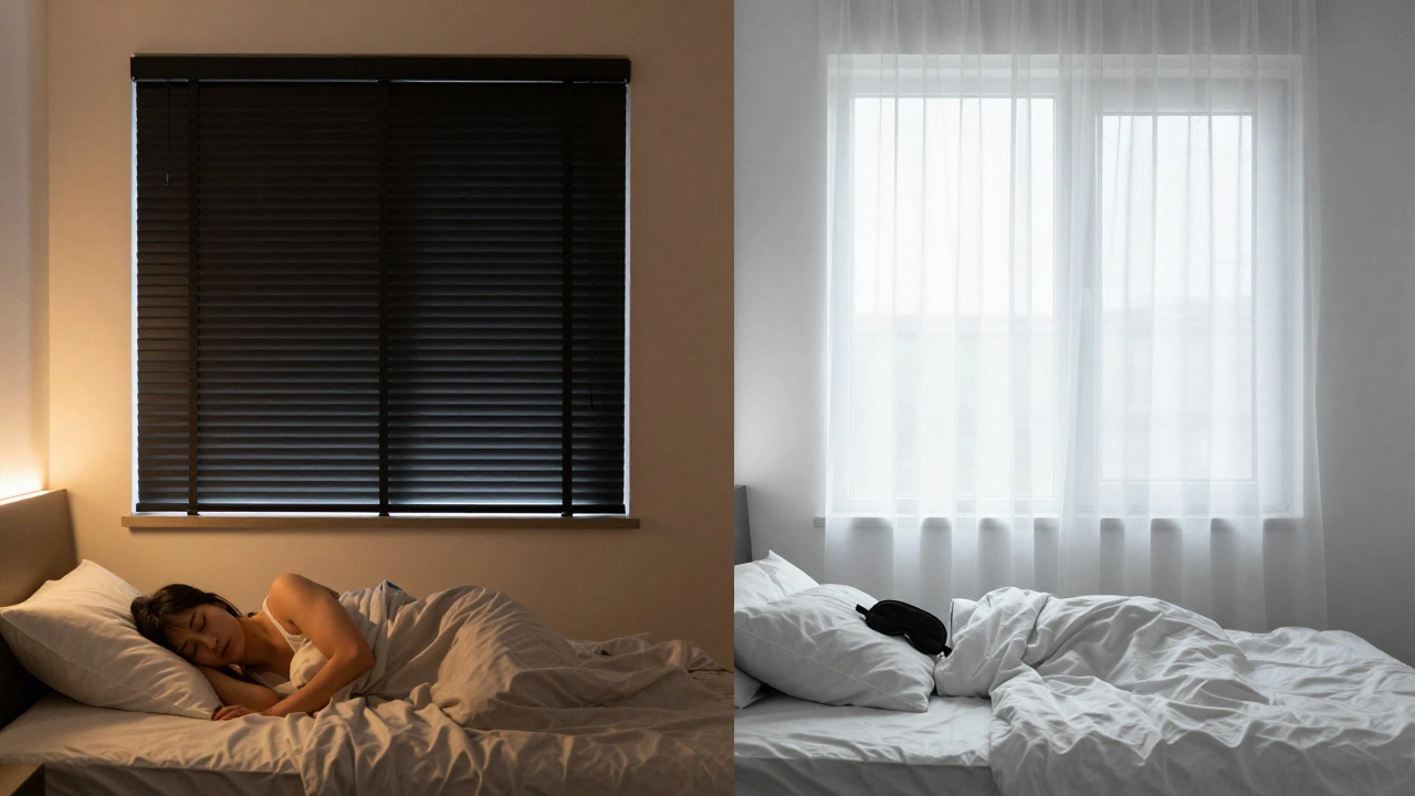 Two bedrooms side by side: one dark and peaceful with blackout blinds, the other bright and disturbed by light leakage.
