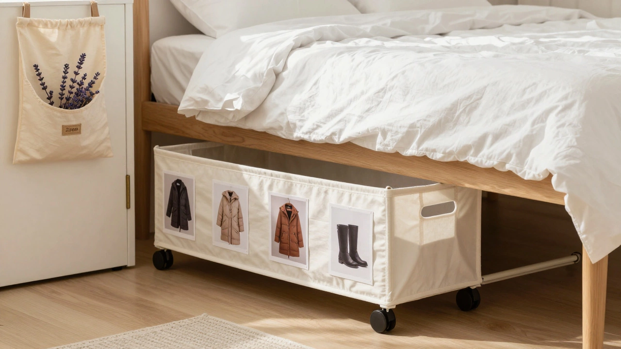 Under-bed storage bins labeled with photos, sliding out beside a low bed.