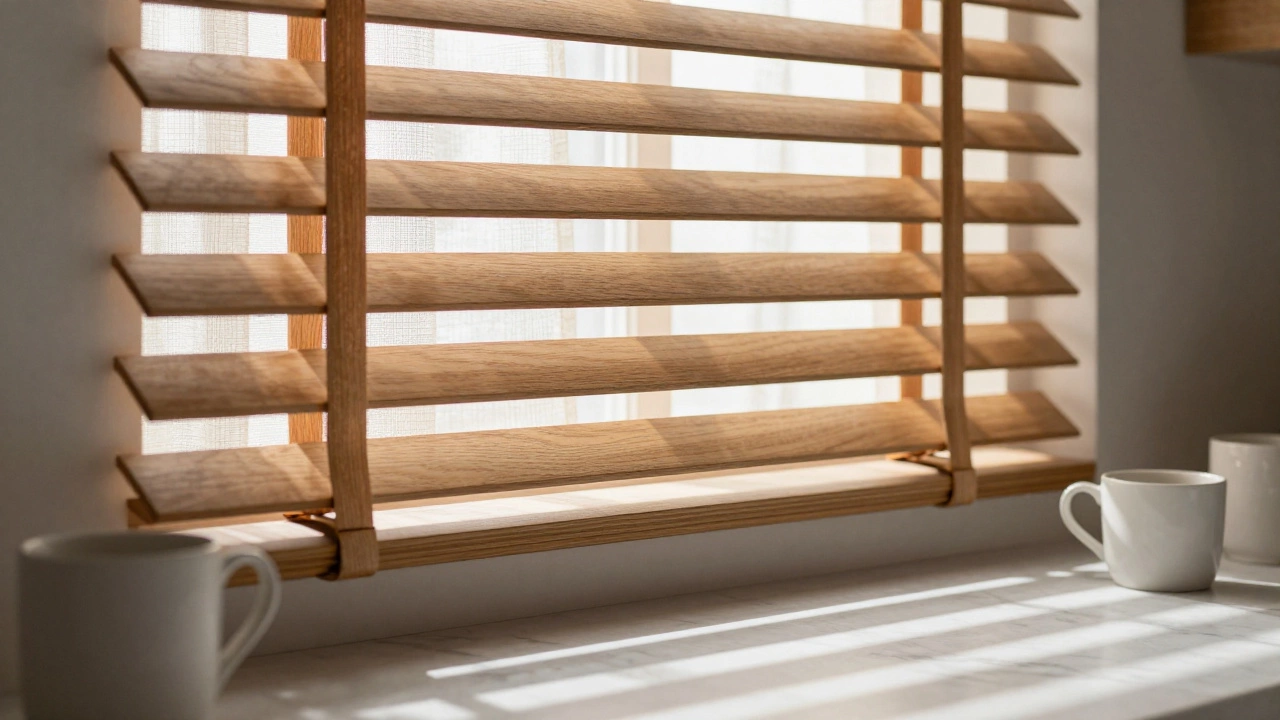 Wide wooden blinds in bleached oak casting soft shadows in a bright kitchen.