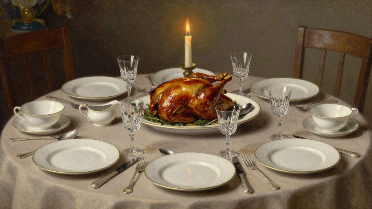 A formal British dining table with ceramic dinnerware, silverware, crystal glasses, and a roast chicken on a serving platter.