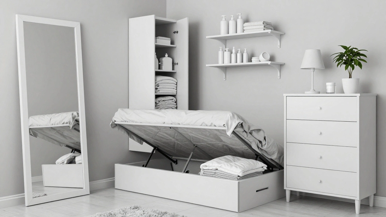 A mirror revealing hidden storage behind it, with a bench and floating shelves creating a clutter-free bedroom aesthetic.