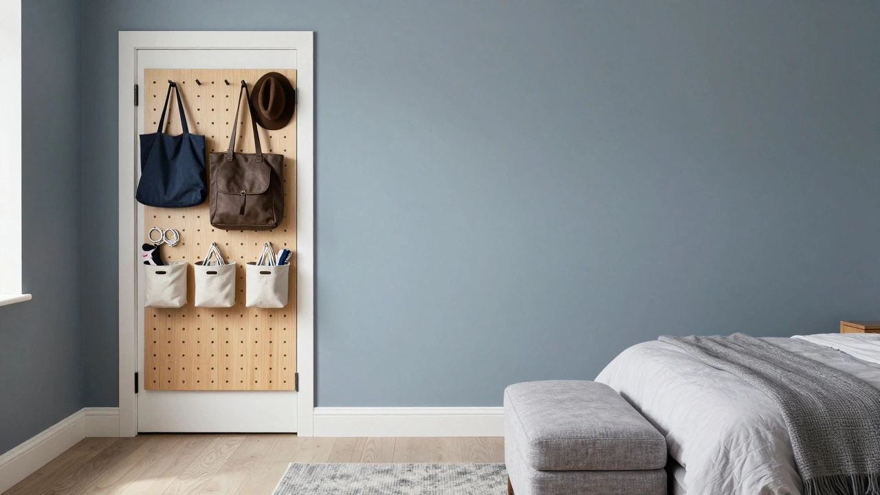 A pegboard behind a bedroom door holding baskets and hooks for accessories, with a matching storage ottoman at the foot of the bed.