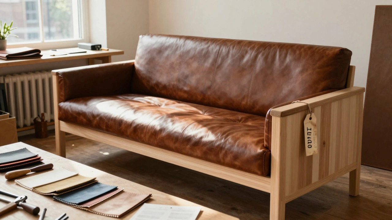 An artisan hand-stitching a custom sofa in a bright workshop, surrounded by wood, leather, and tools.