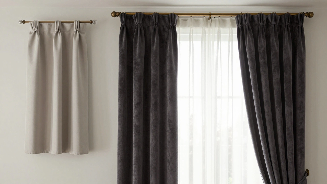 Before-and-after window: cheap short curtains vs. elegant floor-length layered drapes with premium hardware.