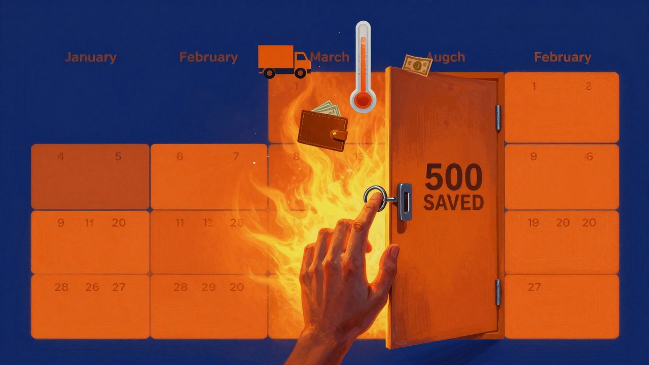 Calendar showing winter months as cheapest, with savings icons and a key locking into a storage unit.