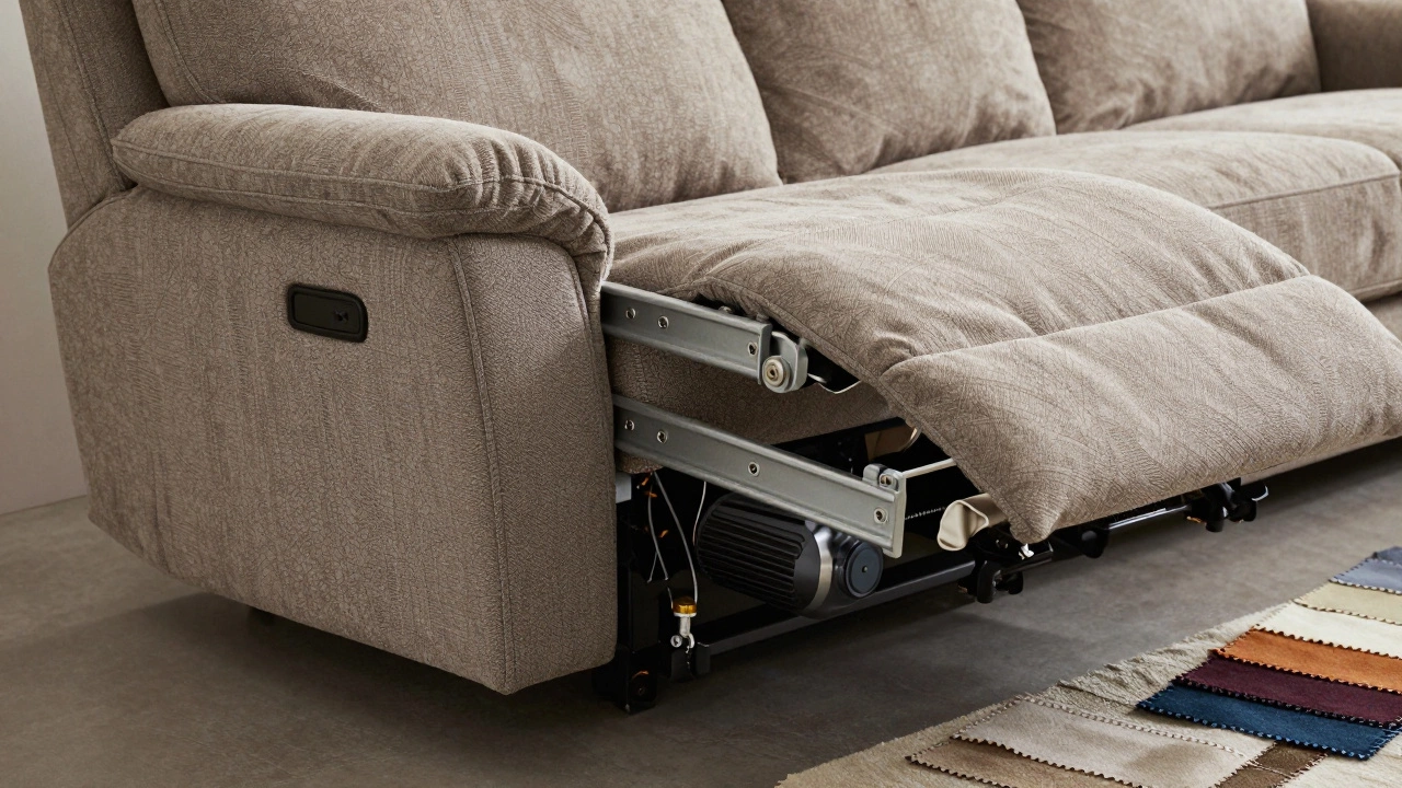 Close-up of Lazy Boy's reinforced steel reclining mechanism with fabric swatches nearby.