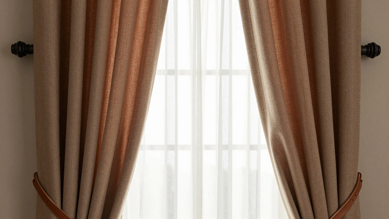 Close-up of thick metal curtain rod with wooden finials holding linen and voile curtains, tied back with leather.