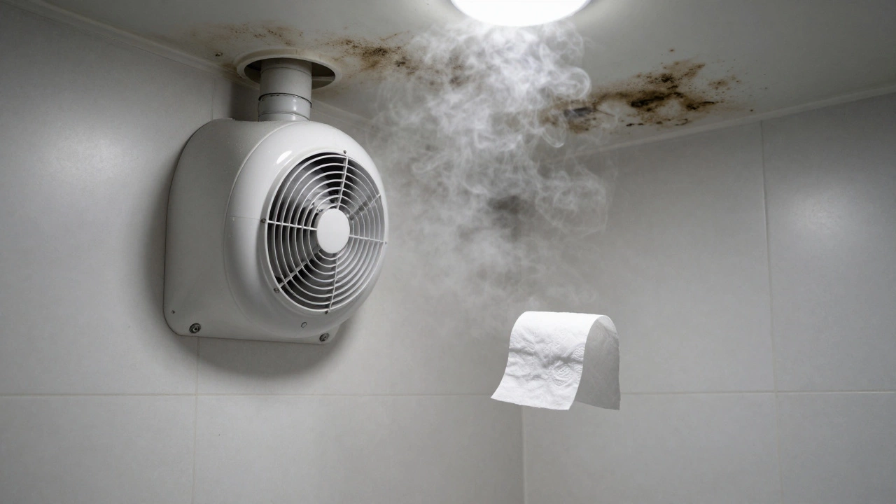 Exhaust fan actively removing steam from a bathroom, preventing moisture damage and mold growth.