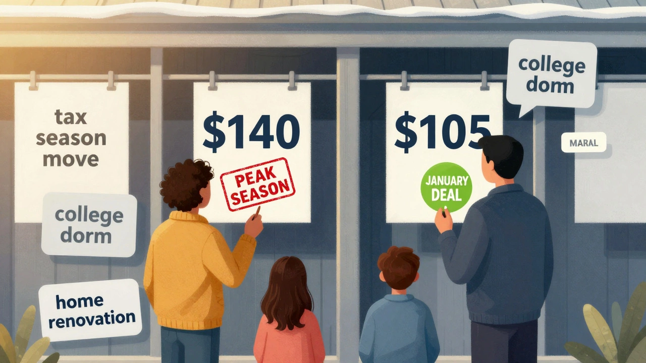 Family comparing storage prices with seasonal labels, one high cost in spring, one low in winter.