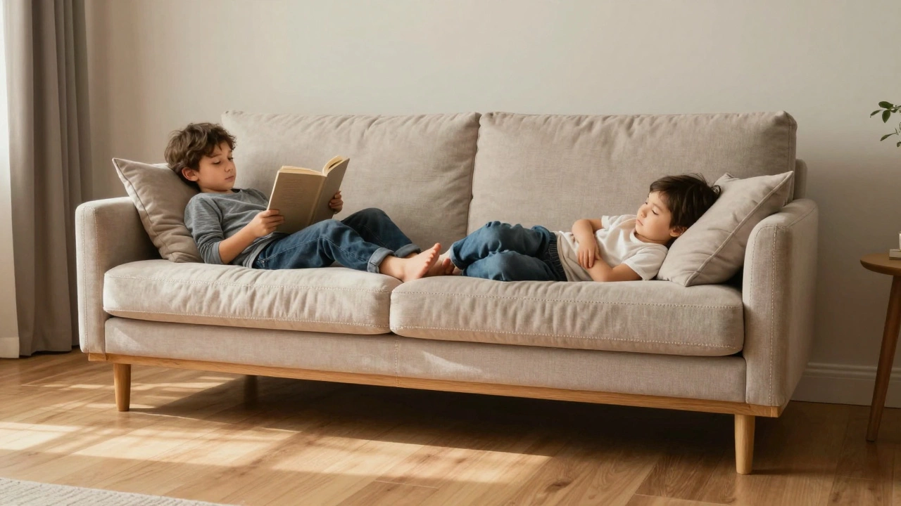 Family relaxing on a durable sofa with solid wood legs and finished upholstery in a cozy living room.