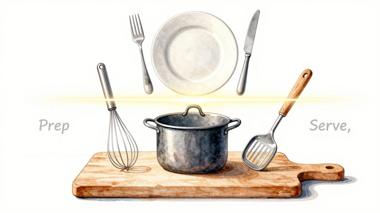 Floating cutlery above a plate while cooking tools hover below, separated by a glowing line.