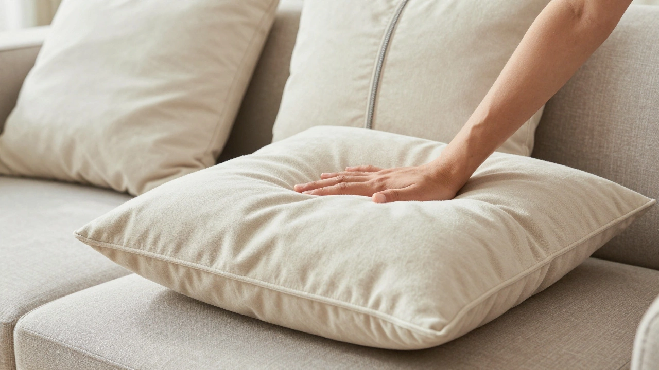 Hand pressing into a down-filled cushion showing quick rebound, with zippered cover detail in focus.