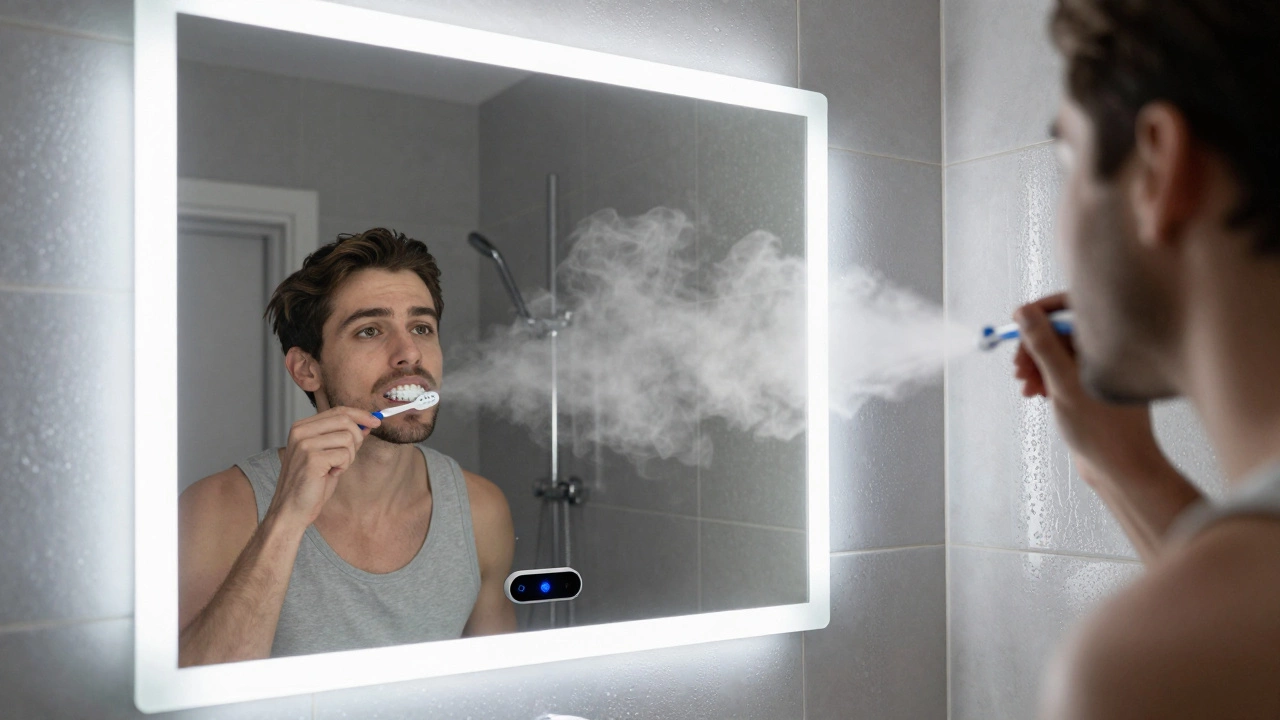 Mirror with built-in defogger reflecting a person using the bathroom, showing clear visibility and even lighting.